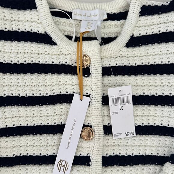 NWT House of Harlow 1960 Ivory Navy Stripe Cardigan Sweater Size L - Picture 2 of 4